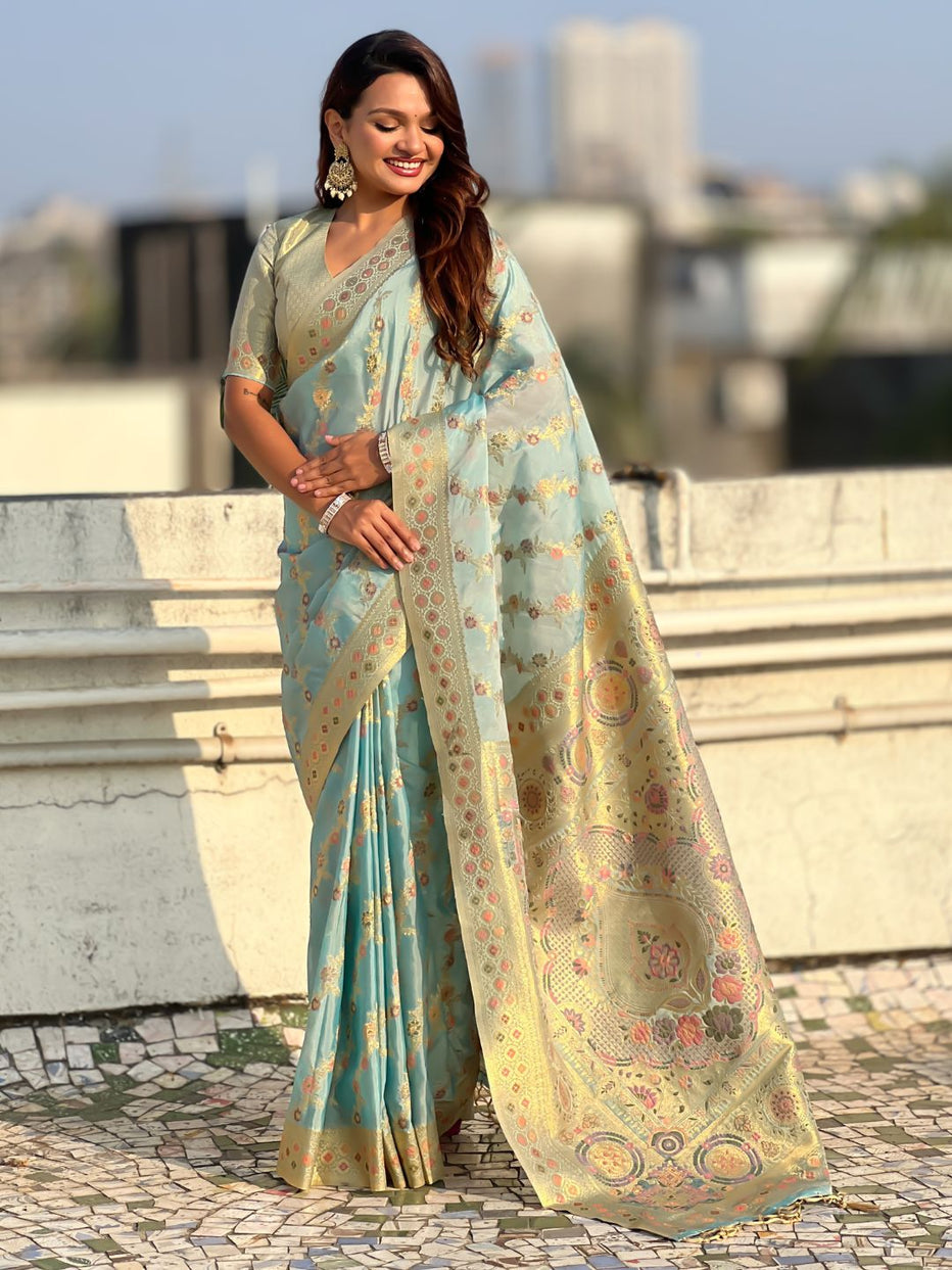 Sky Pure Kora Silk Leheriya Meenakari Weaves Kora Silk Saree ##color## Kora Silk Saree with premium fabric and embroidery