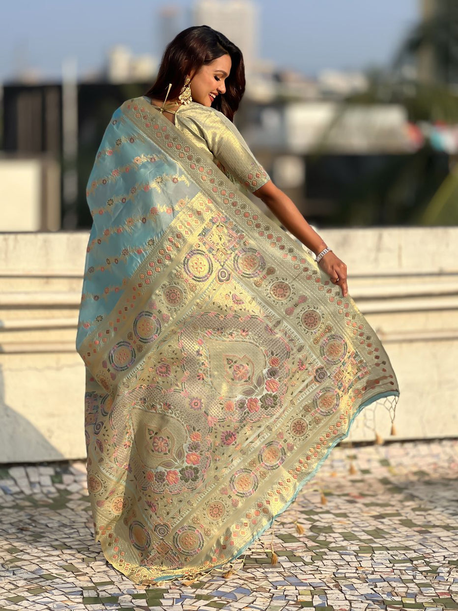 Sky Pure Kora Silk Leheriya Meenakari Weaves Kora Silk Saree ##color## Kora Silk Saree with premium fabric and embroidery