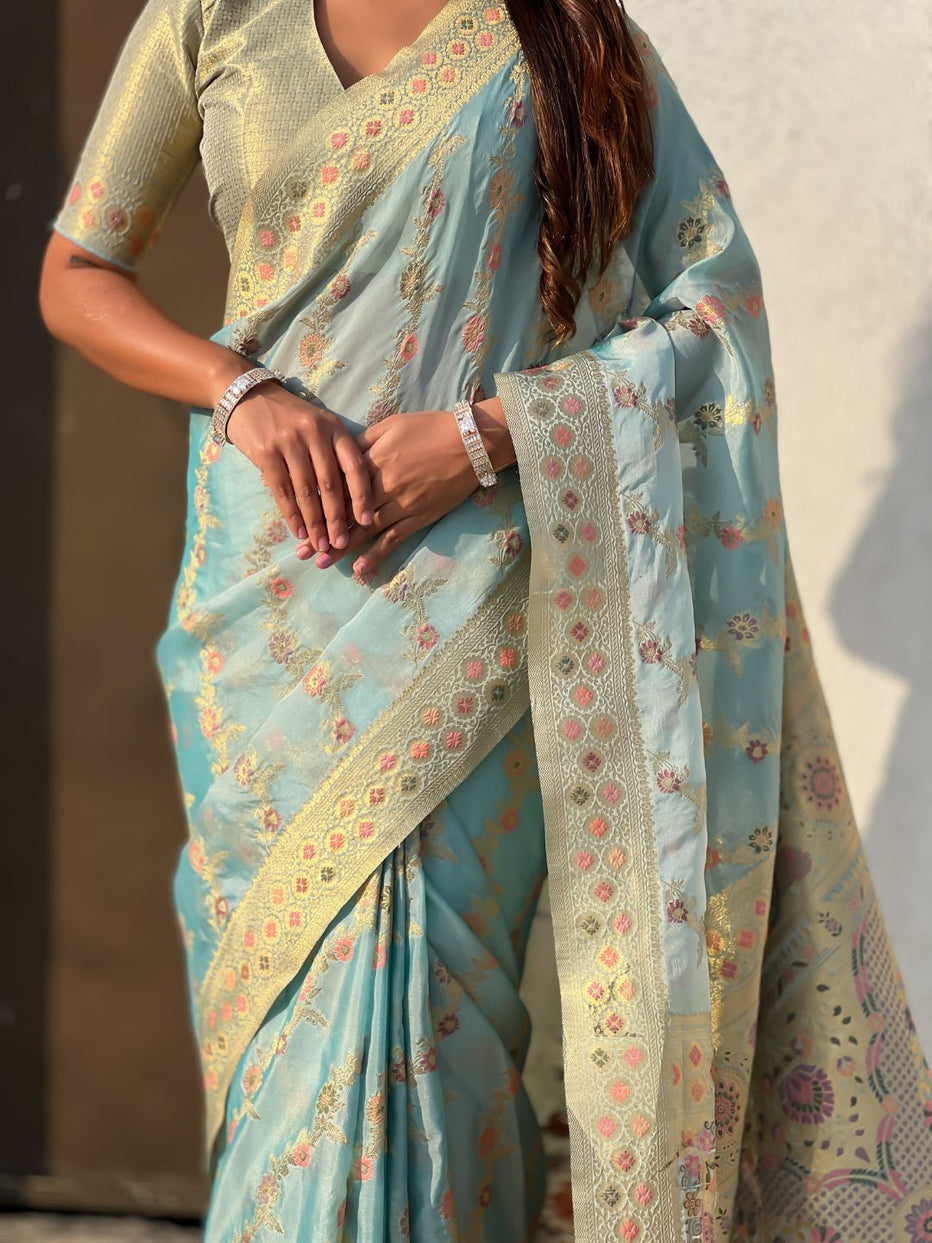 Sky Pure Kora Silk Leheriya Meenakari Weaves Kora Silk Saree 