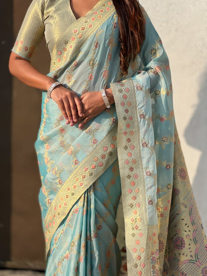 Sky Pure Kora Silk Leheriya Meenakari Weaves Kora Silk Saree 