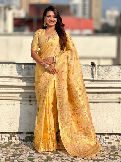 Yellow Pure Kora Silk Leheriya Meenakari Weaves Kora Silk Saree 
