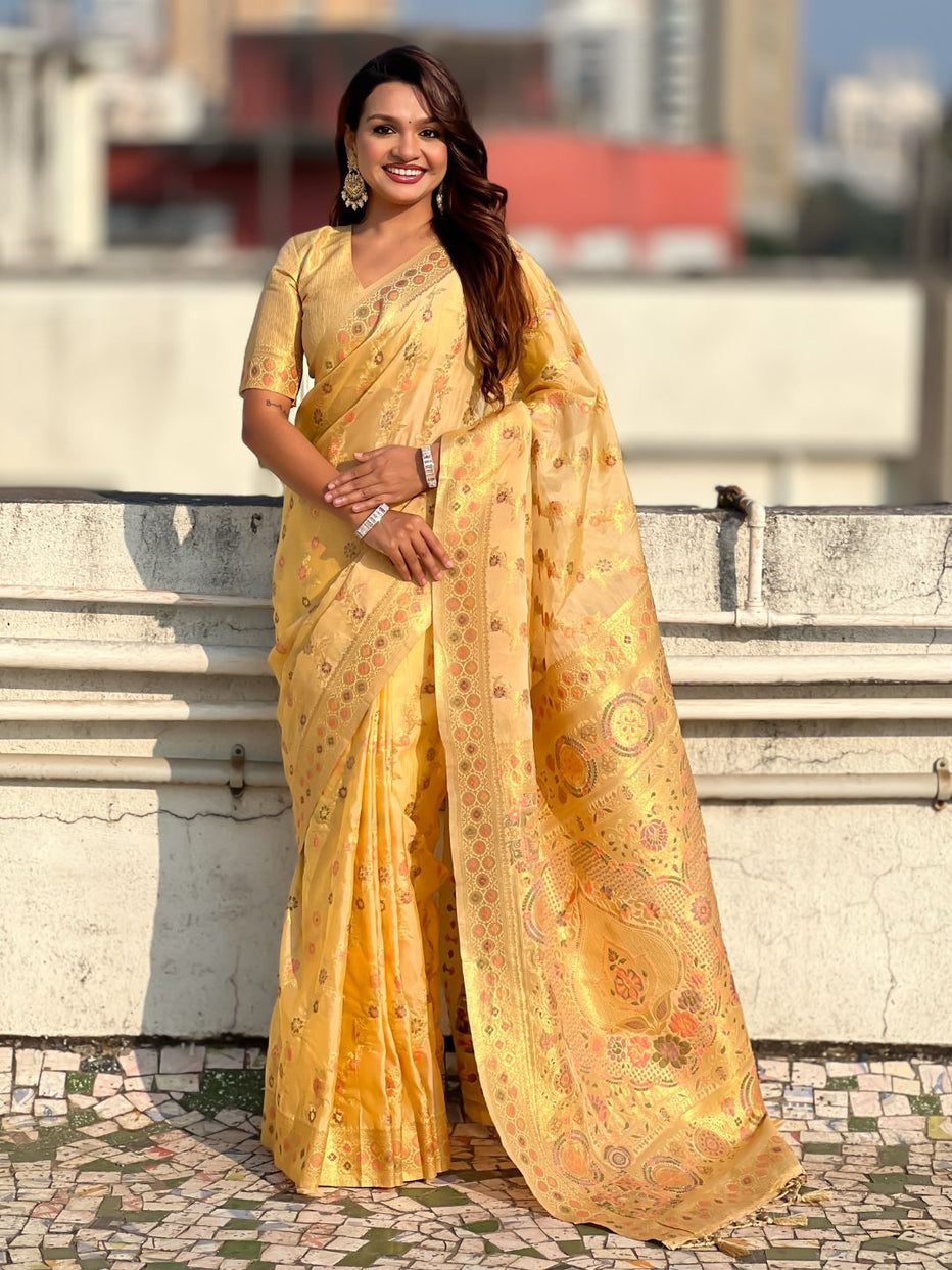 Yellow Pure Kora Silk Leheriya Meenakari Weaves Kora Silk Saree ##color## Kora Silk Saree with premium fabric and embroidery