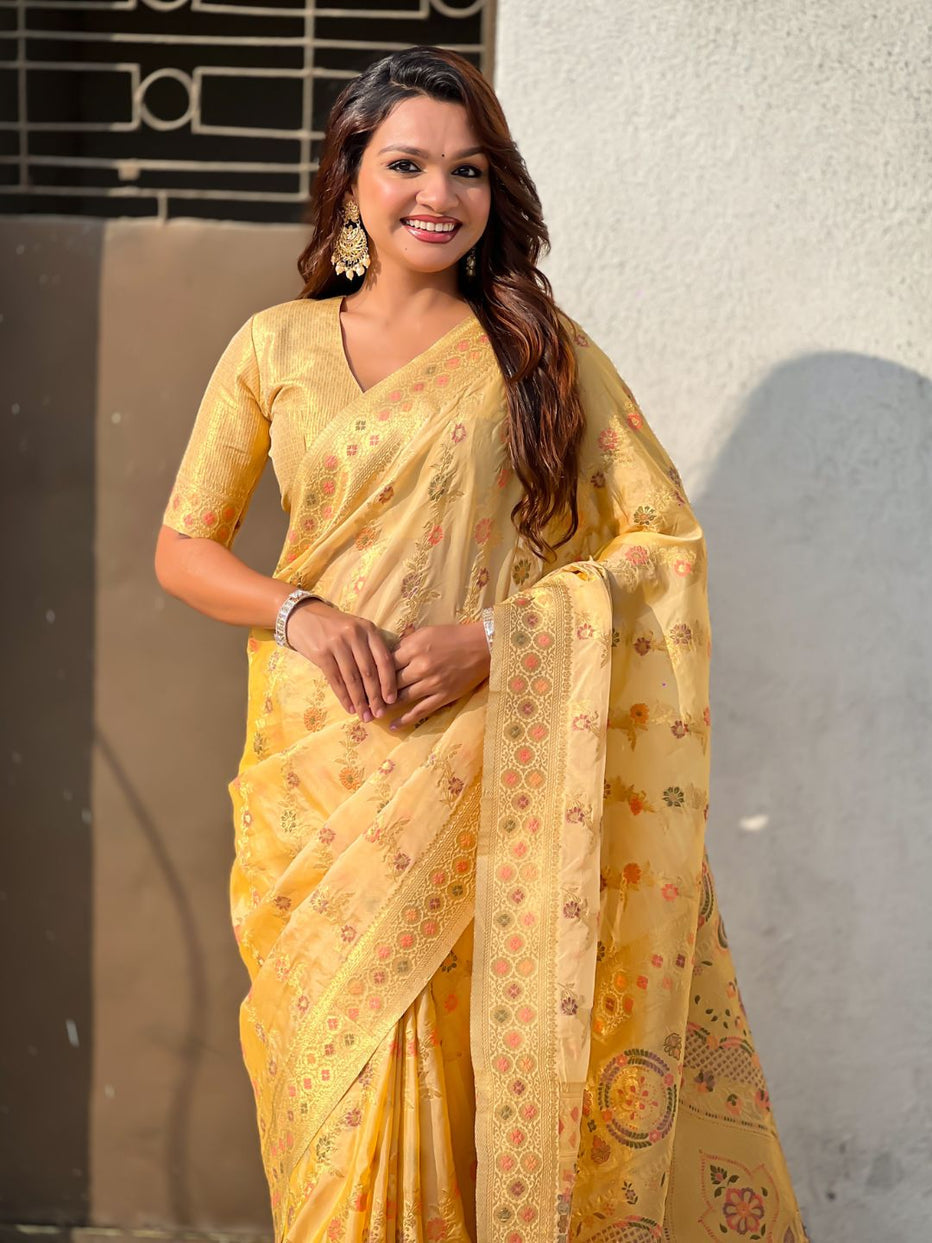 Yellow Pure Kora Silk Leheriya Meenakari Weaves Kora Silk Saree ##color## Kora Silk Saree with premium fabric and embroidery