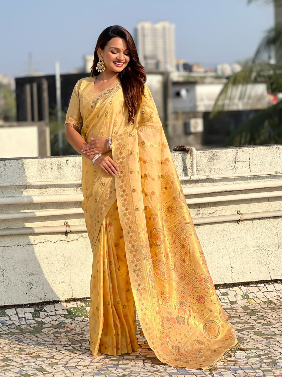 Yellow Pure Kora Silk Leheriya Meenakari Weaves Kora Silk Saree ##color## Kora Silk Saree with premium fabric and embroidery