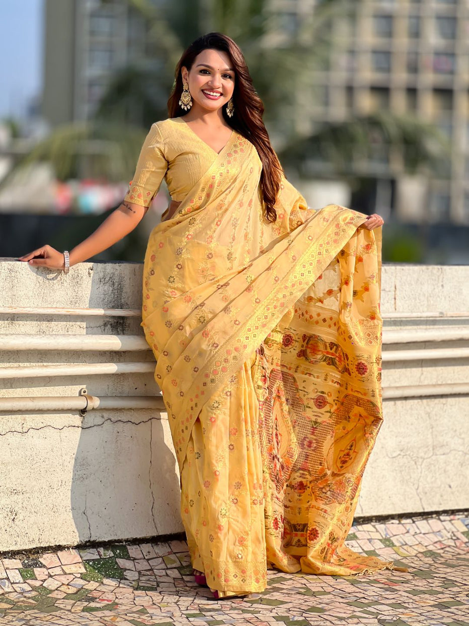Yellow Pure Kora Silk Leheriya Meenakari Weaves Kora Silk Saree ##color## Kora Silk Saree with premium fabric and embroidery