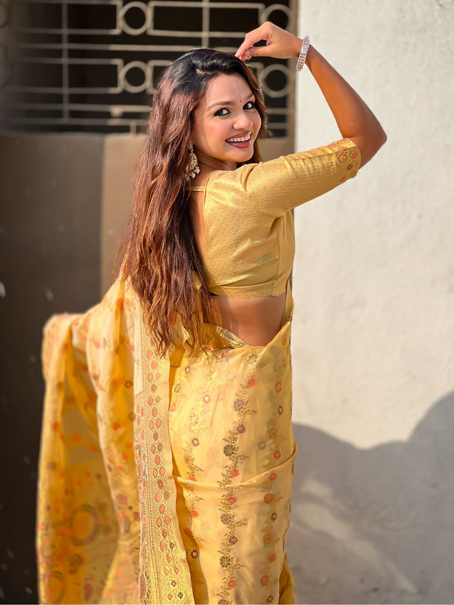 Yellow Pure Kora Silk Leheriya Meenakari Weaves Kora Silk Saree ##color## Kora Silk Saree with premium fabric and embroidery