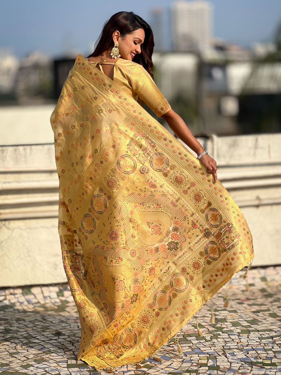 Yellow Pure Kora Silk Leheriya Meenakari Weaves Kora Silk Saree ##color## Kora Silk Saree with premium fabric and embroidery
