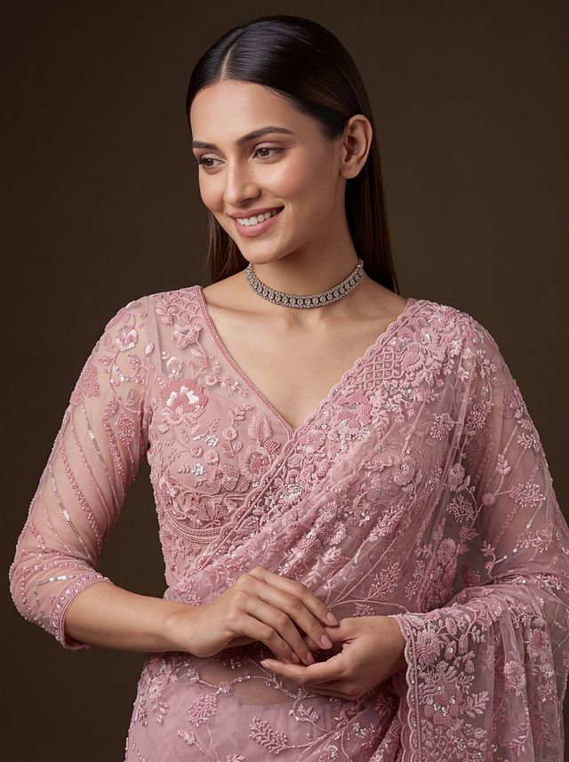 Pink Pure Premium Net Handwork Kasti &amp; Motif Zari Metallic Sequins Work Wedding Saree