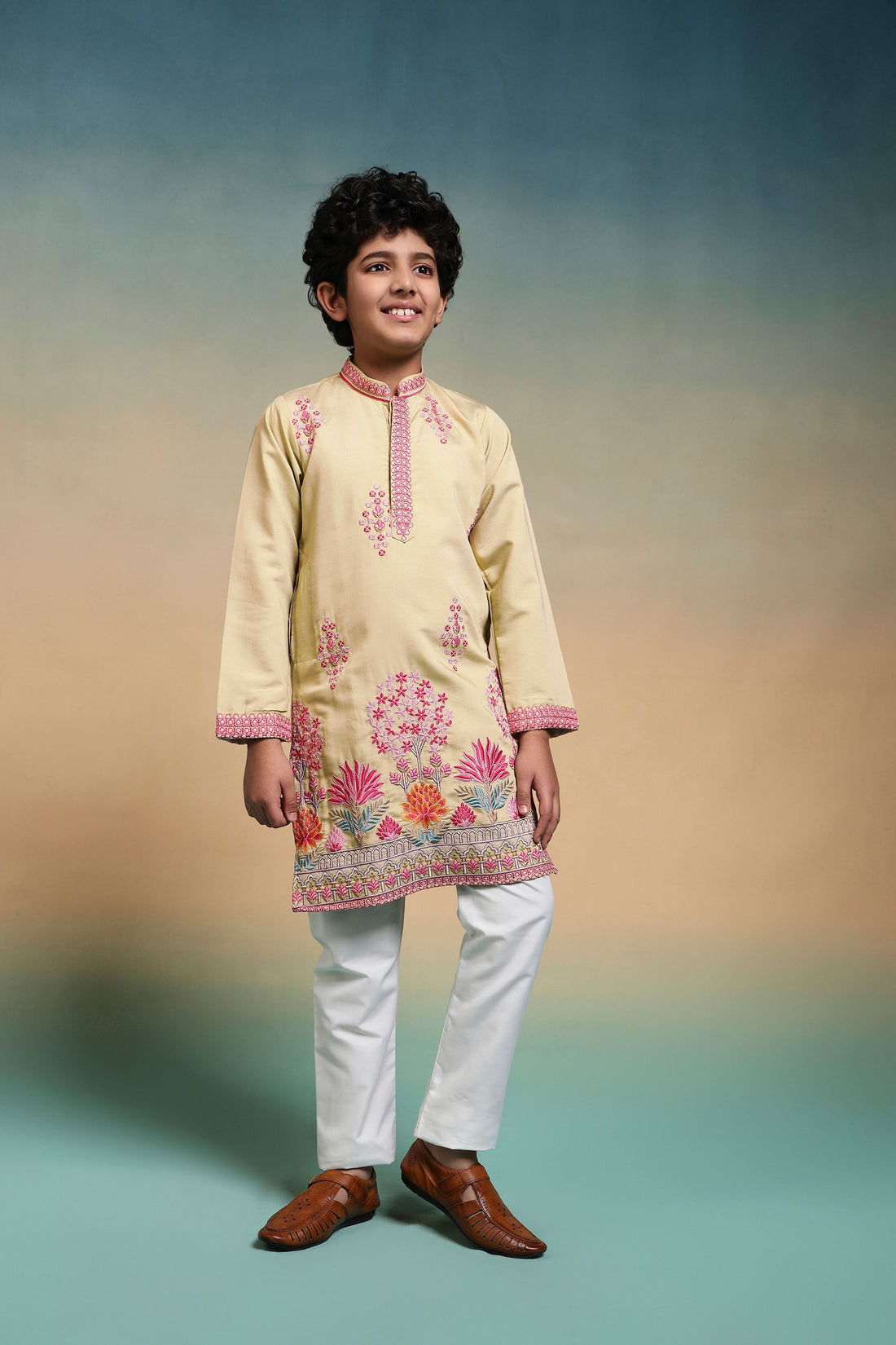 Yellow Pure Viscose Silk Kids Boy Kurta Pajama 