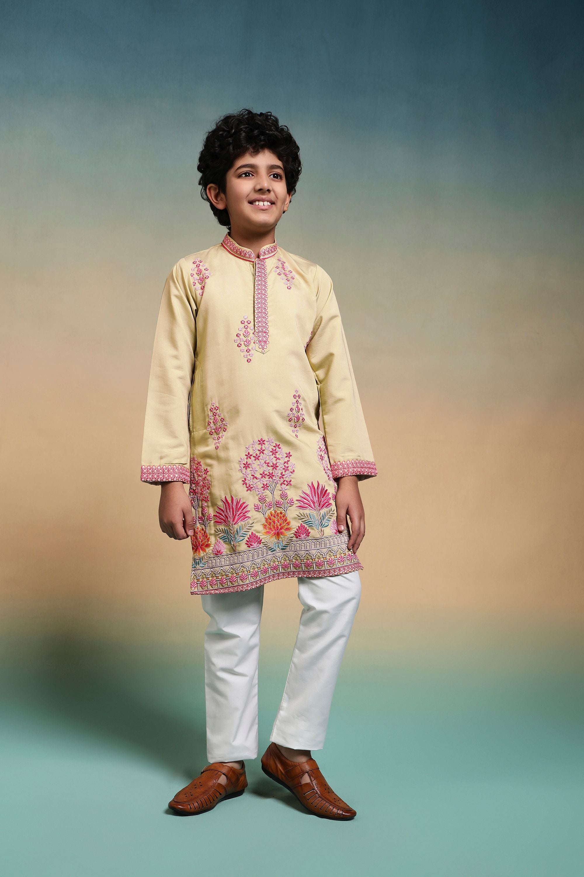 Yellow Pure Viscose Silk Kids Boy Kurta Pajama 