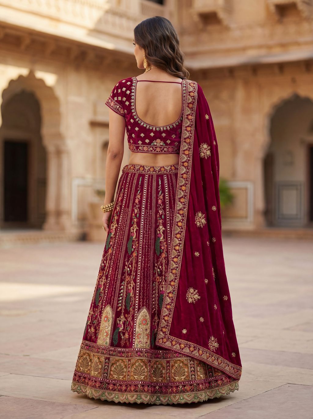 Pink Pure Soft Velvet Heavy Embroidery Patch Work Bridal Lehenga