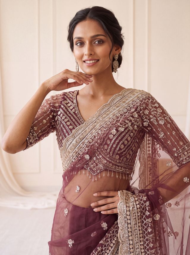 Wine Pure Premium Net Handwork Kasti &amp; Motif Zari Metallic Sequins Work Wedding Saree
