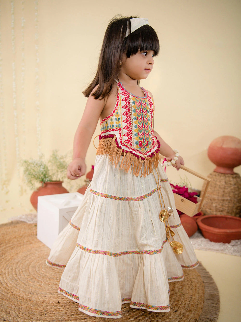 Cream Pure Cotton Kids Navratri Lehenga Choli