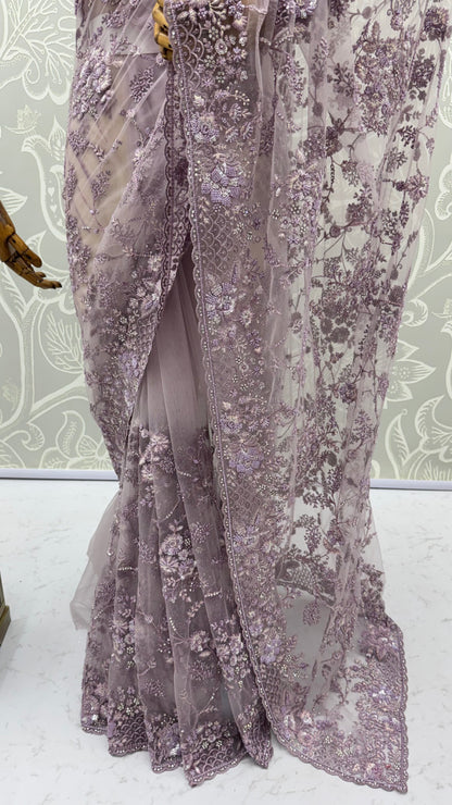 Lavender Pure Premium Net Handwork Kasti &amp; Motif Zari Metallic Sequins Work Wedding Saree