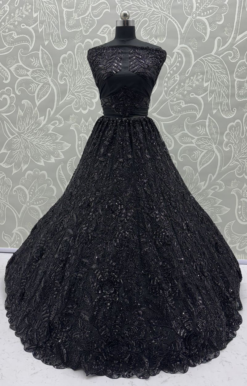 Black Pure Soft Net Heavy Embroidery Work Bridal Lehenga