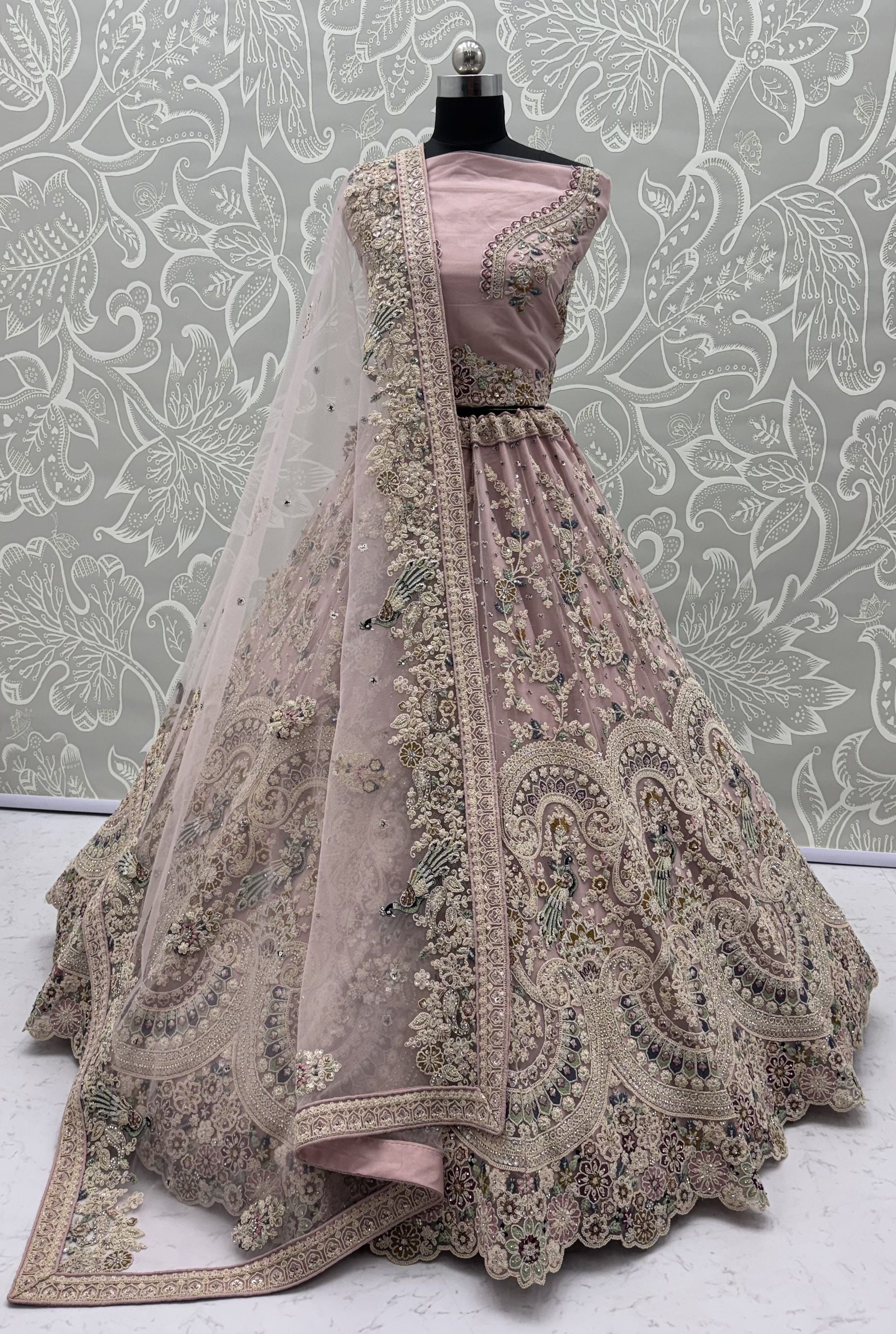 Pink Pure Heavy Net Sequins Sequins Zari Embroidery Work Net Bridal Lehenga Choli