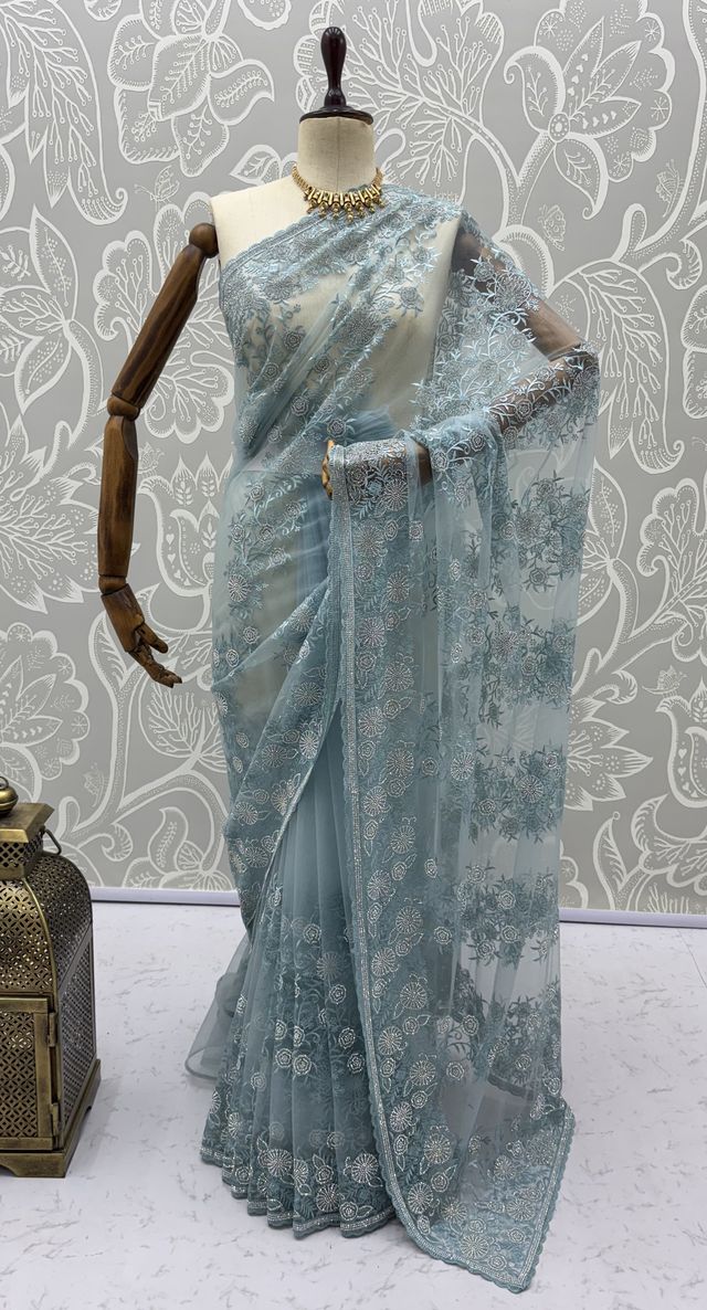 Sky Pure Premium Net Handwork Kasti &amp; Motif Zari Metallic Sequins Work Wedding Saree