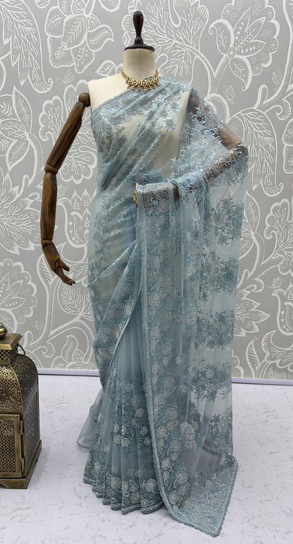 Sky Pure Premium Net Handwork Kasti &amp; Motif Zari Metallic Sequins Work Wedding Saree