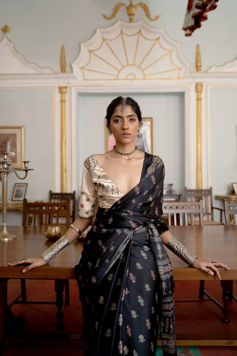 Women's Designer Party Wear Modal Gajji Silk with Ajrakh Print Saree