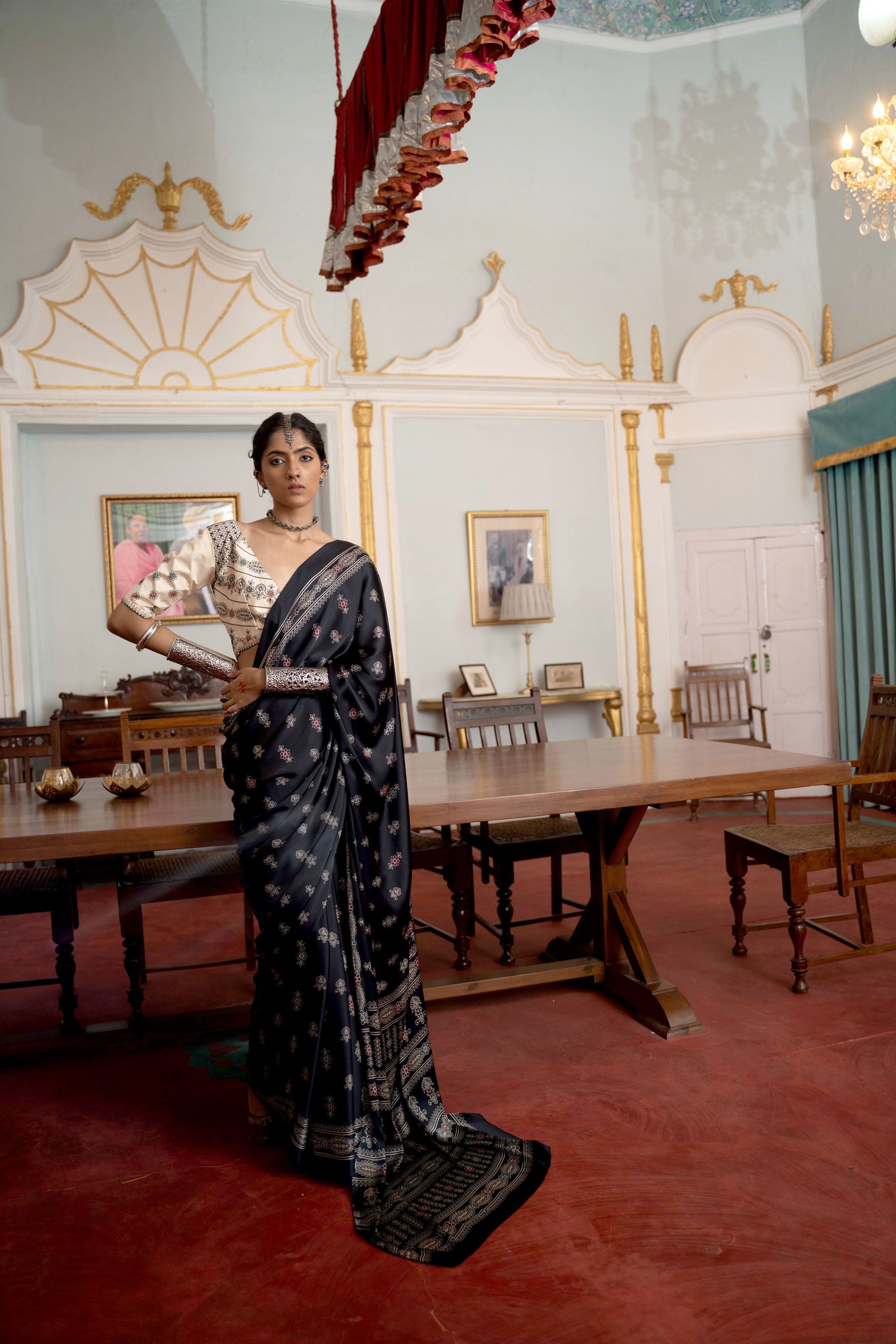 Women's Designer Party Wear Modal Gajji Silk with Ajrakh Print Saree