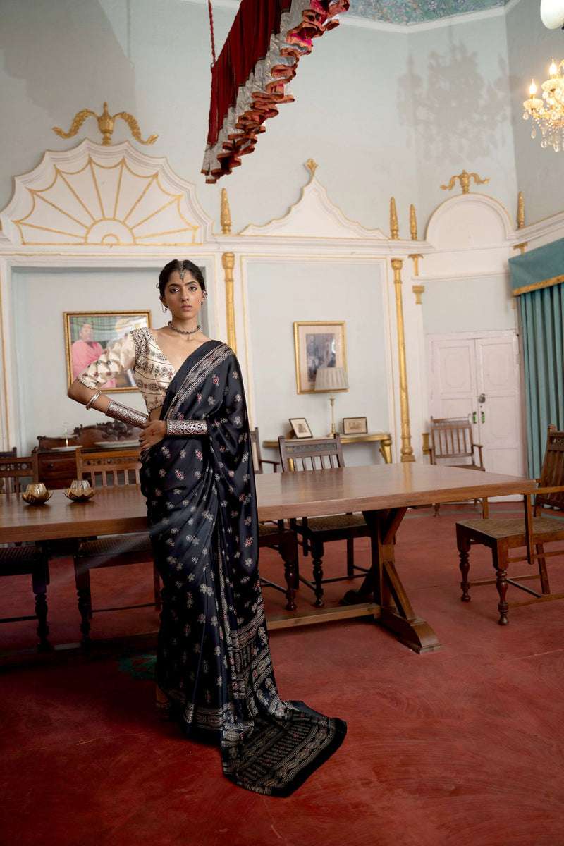 Women's Designer Party Wear Modal Gajji Silk with Ajrakh Print Saree