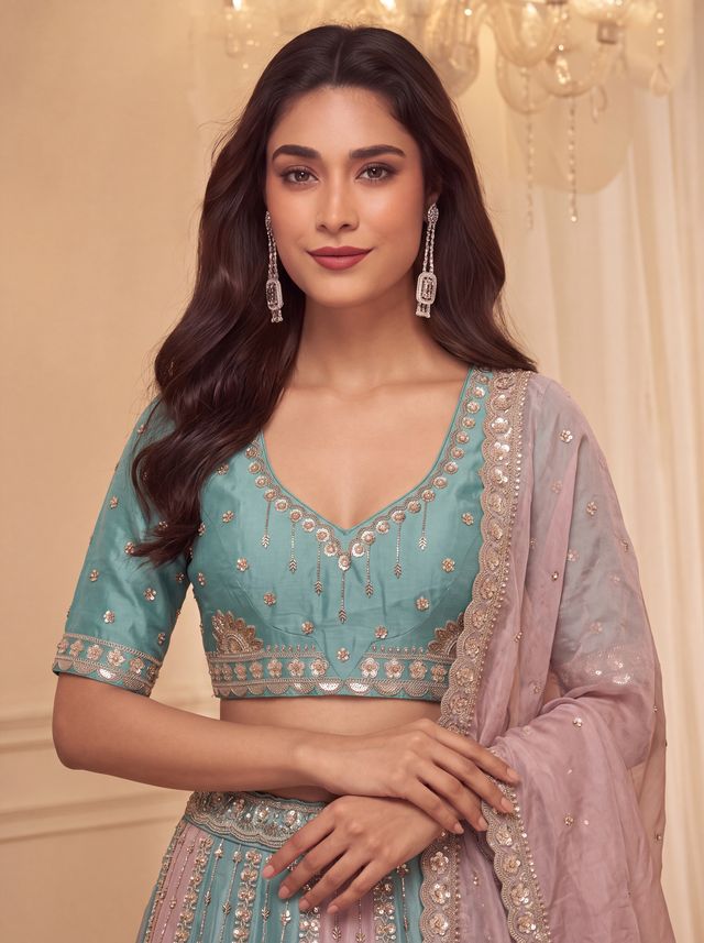 Multi Pure Soft Satin Silk Heavy Beads Motif Zari Embroidery Sequins Work Bridal Lehenga Choli