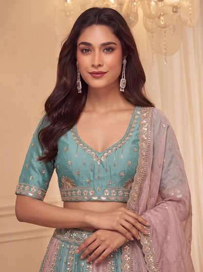 Multi Pure Soft Satin Silk Heavy Beads Motif Zari Embroidery Sequins Work Bridal Lehenga Choli