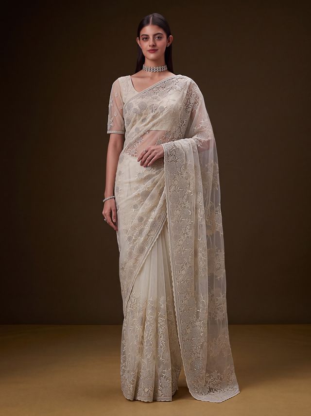 Cream Pure Premium Net Handwork Kasti &amp; Motif Zari Metallic Sequins Work Wedding Saree