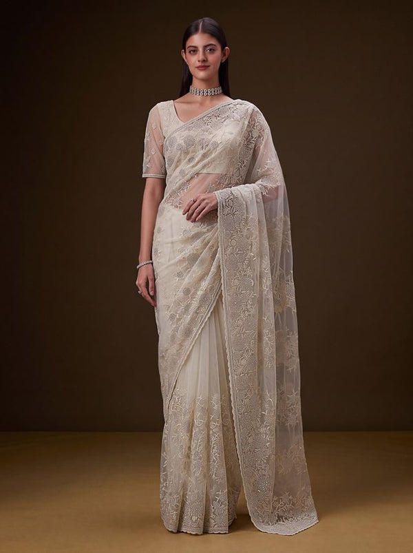 Cream Pure Premium Net Handwork Kasti & Motif Zari Metallic Sequins Work Wedding Saree