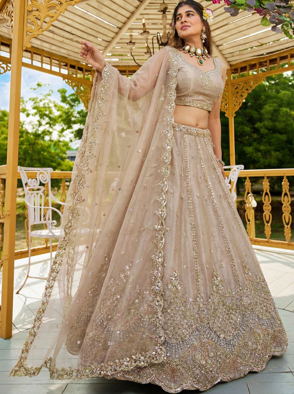 Beige Pure Soft Net Heavy Embroidery Work Bridal Lehenga
