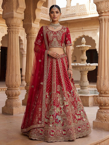 Red Pure Soft Gadwal Silk Heavy Embroidery Work Bridal Lehenga 