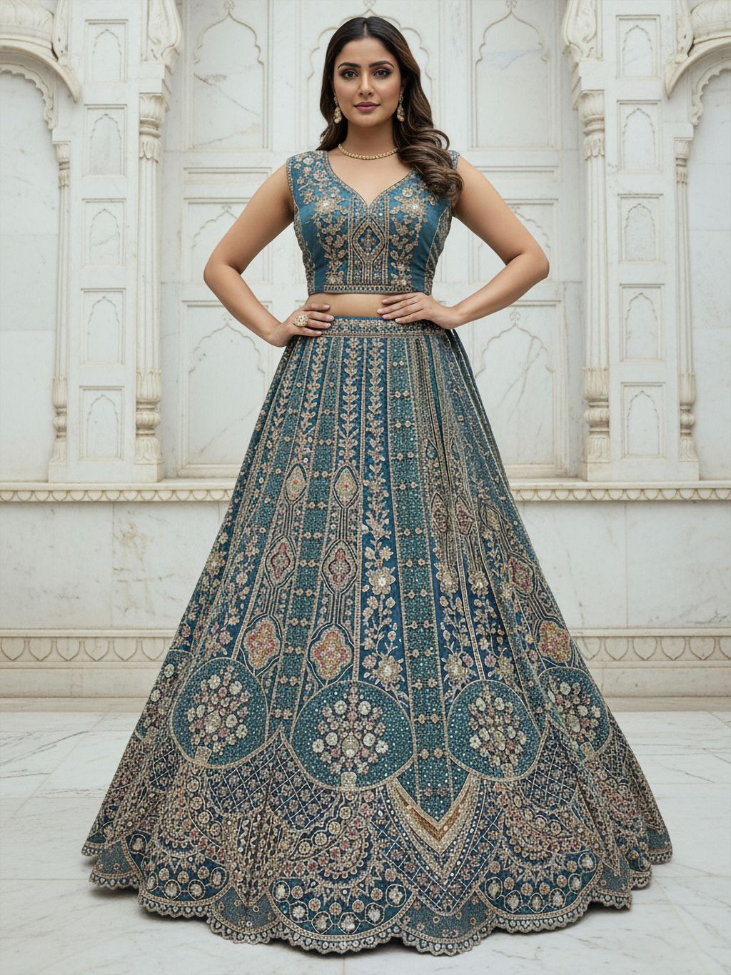 Firozi Pure Soft Orgenza Sequins Work Bridal Lehenga Choli