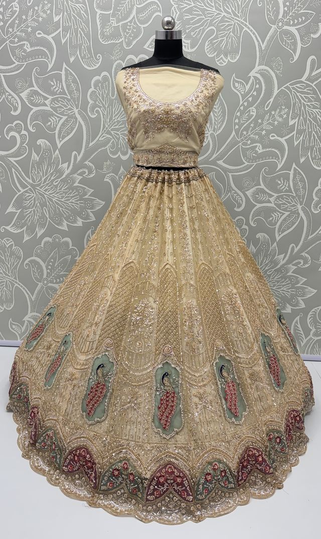 Beige Pure Heavy Net Motif Handwork Zari Sequins Work Bridal Lehenga Choli
