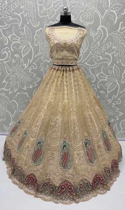 Beige Pure Heavy Net Motif Handwork Zari Sequins Work Bridal Lehenga Choli