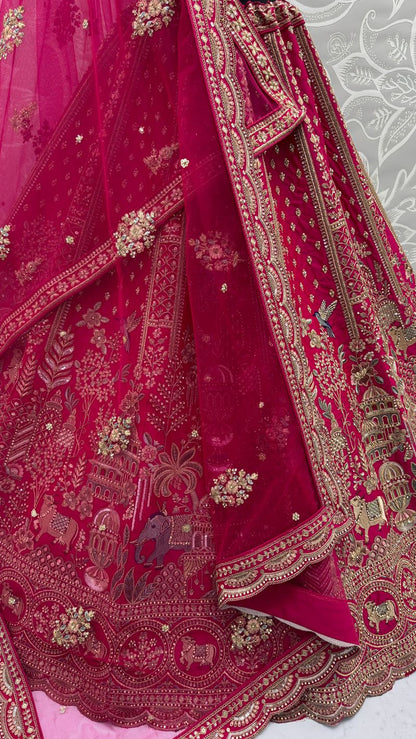 Rani Pink Pure Soft Gadwal Silk Heavy Embroidery Work Bridal Lehenga 