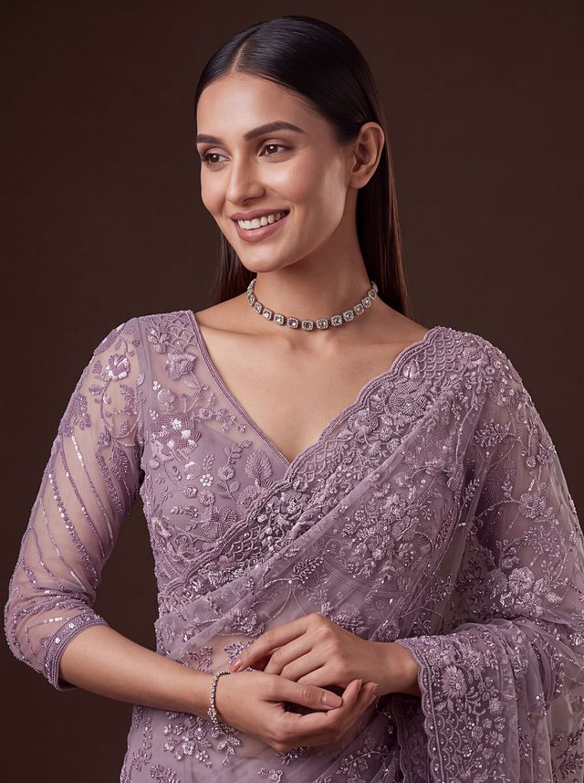 Lavender Pure Premium Net Handwork Kasti &amp; Motif Zari Metallic Sequins Work Wedding Saree