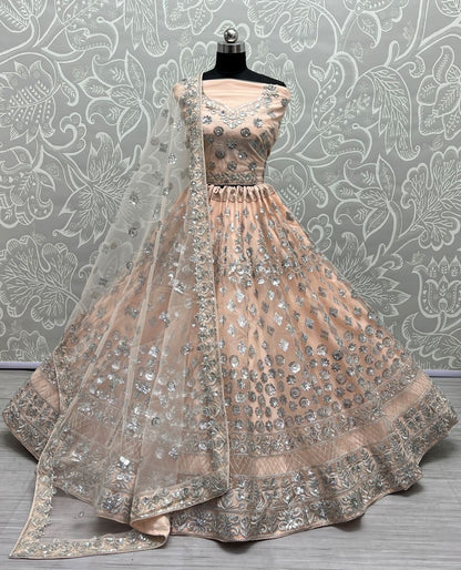 Peach Pure Soft Net Heavy Embroidery Work Bridal Lehenga 