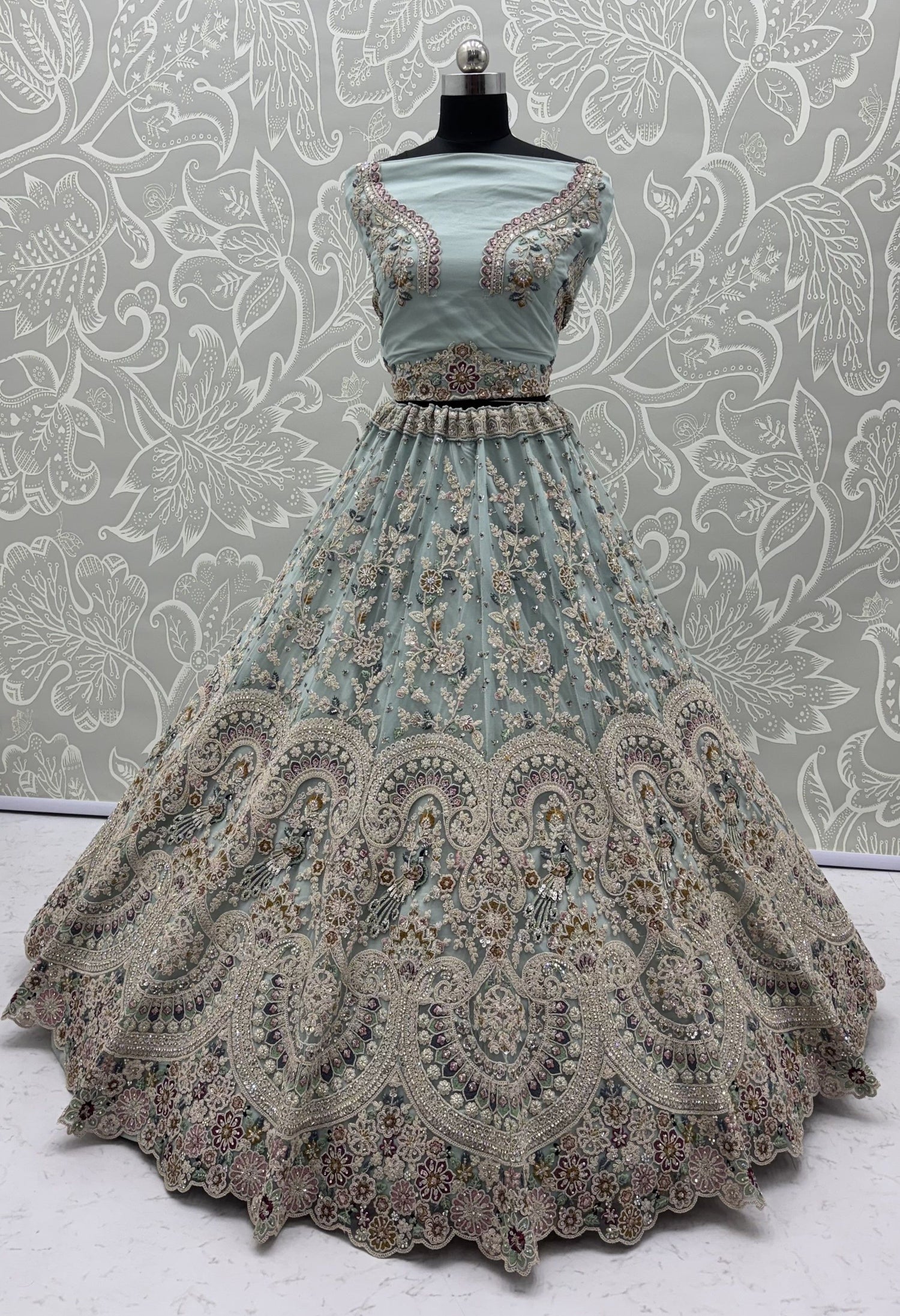 Sky Pure Heavy Net Sequins Sequins Zari Embroidery Work Net Bridal Lehenga Choli