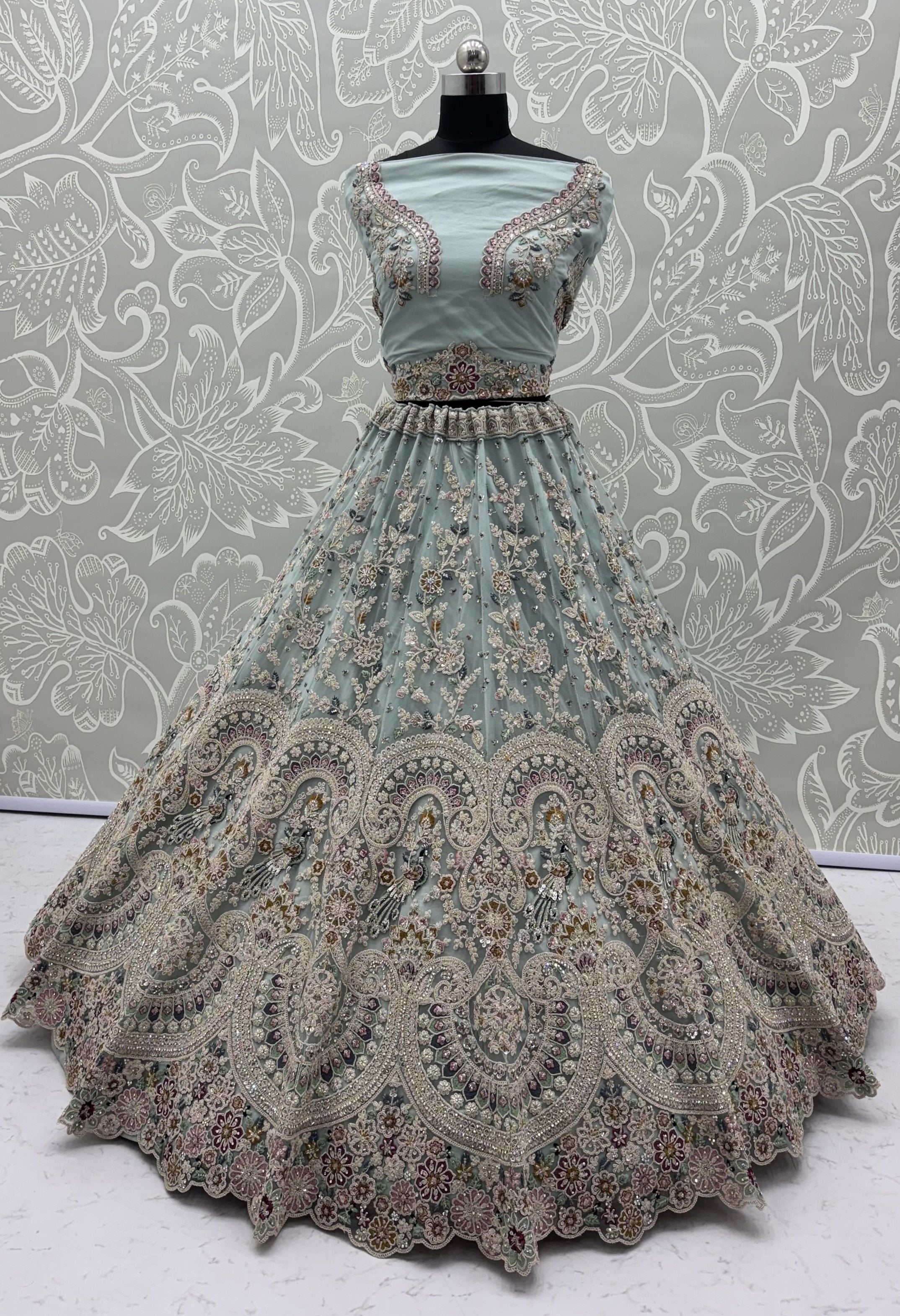 Sky Pure Heavy Net Sequins Sequins Zari Embroidery Work Net Bridal Lehenga Choli