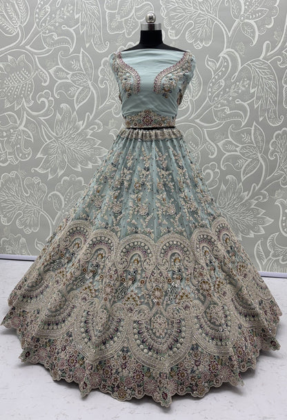 Sky Pure Heavy Net Sequins Sequins Zari Embroidery Work Net Bridal Lehenga Choli
