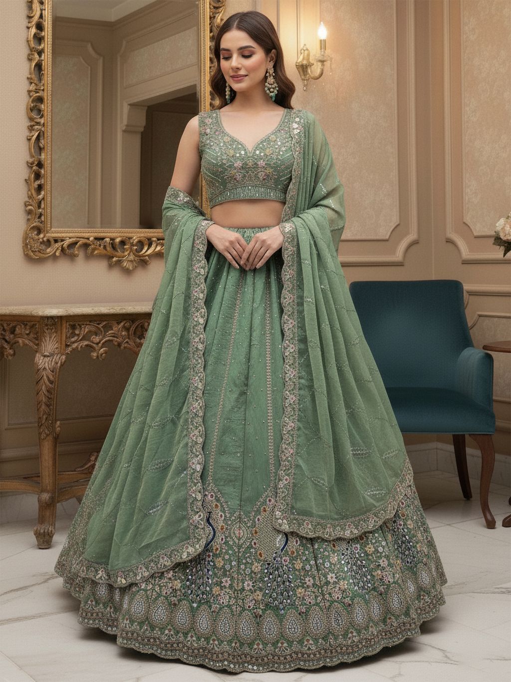Pista Pure Soft Gadhwal Silk Heavy Embroidery Work Bridal Lehenga