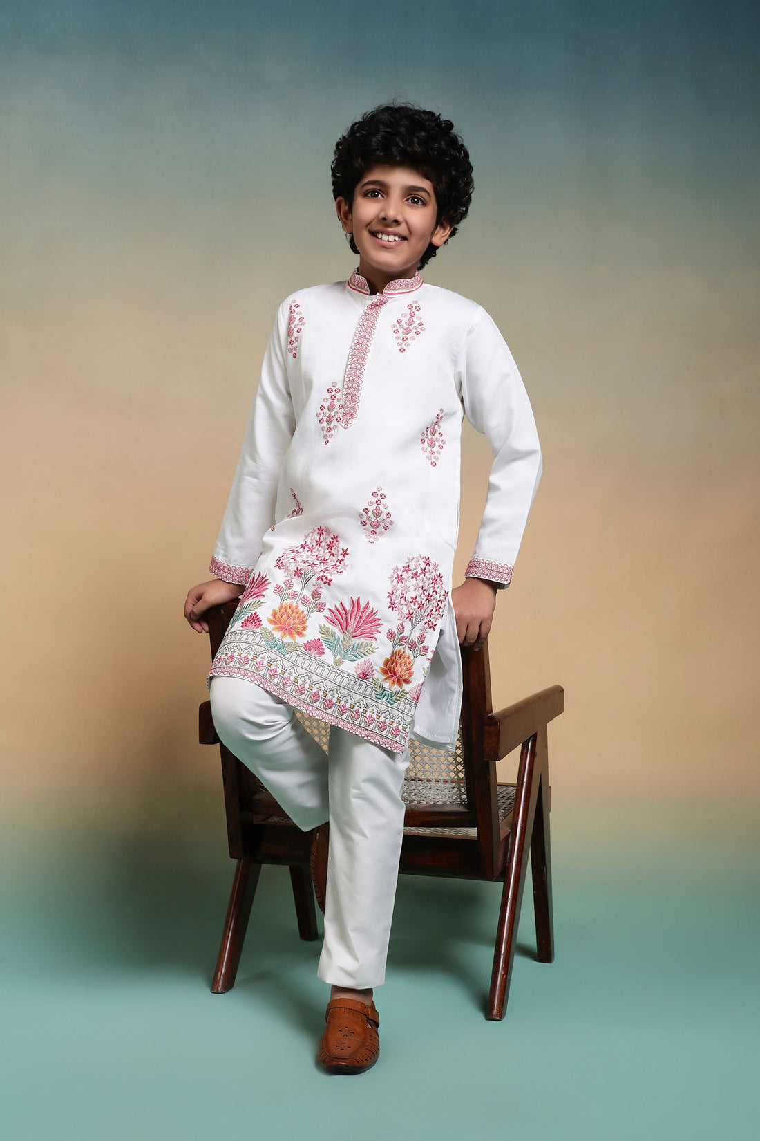 White Pure Viscose Silk Kids Boy Kurta Pajama 