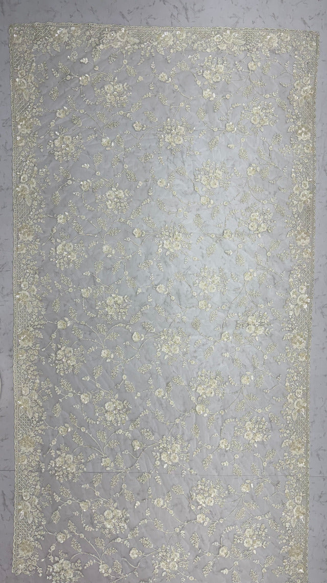 White Pure Premium Net Handwork Kasti &amp; Motif Zari Metallic Sequins Work Wedding Saree