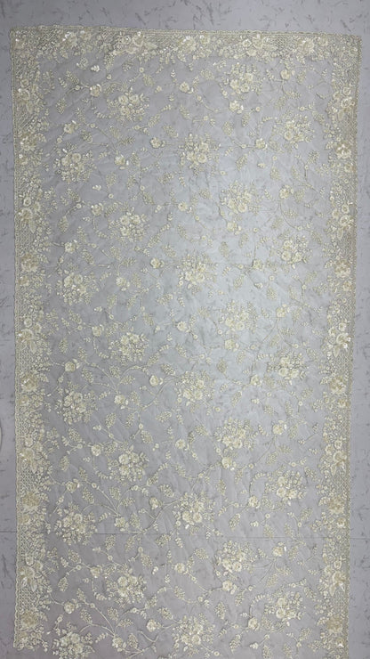 White Pure Premium Net Handwork Kasti &amp; Motif Zari Metallic Sequins Work Wedding Saree