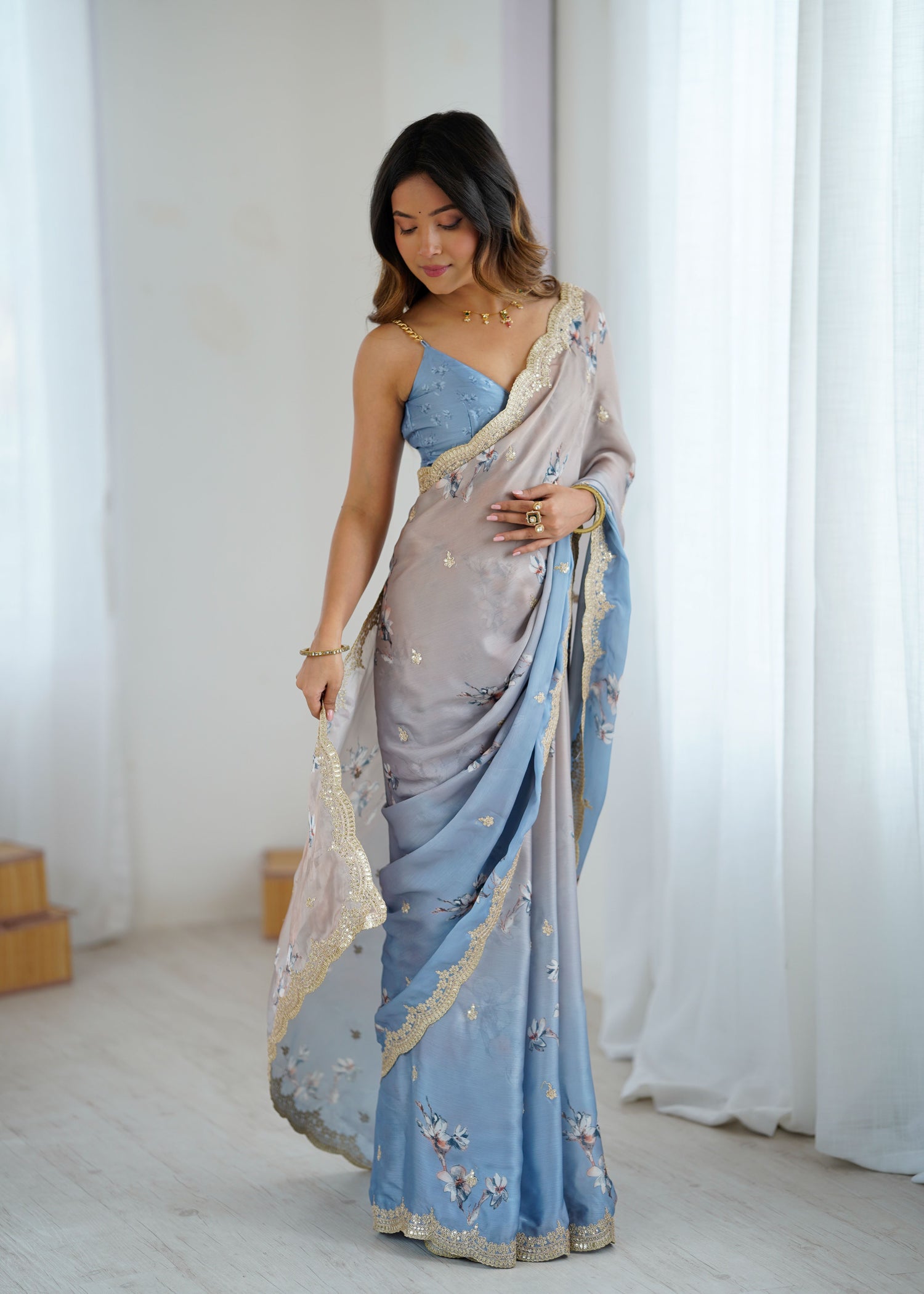 Aqua Grey Two Tone Satin Silk Sequins Embroidery Ready to Wear Saree 