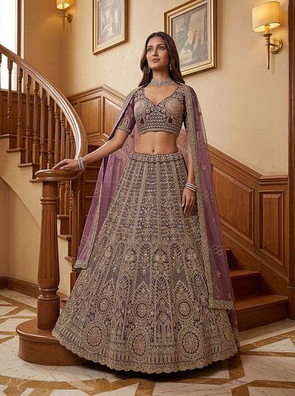 Purple Pure Soft Heavy Net Sequins Embroidery Work Bridal Lehenga 