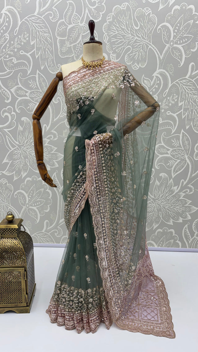 Green Pure Premium Net Handwork Kasti &amp; Motif Zari Metallic Sequins Work Wedding Saree