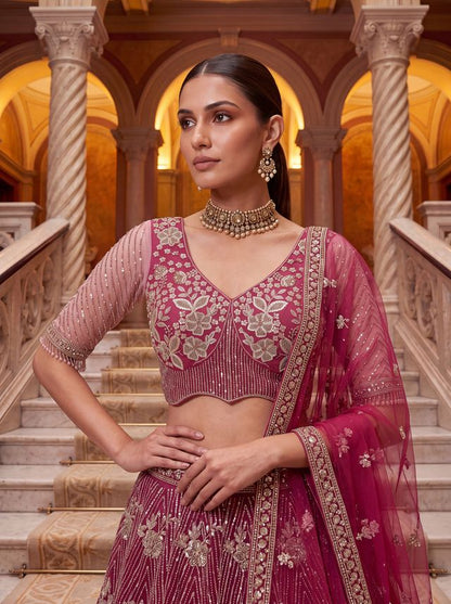 Rani Pure Heavy Net Motif Handwork Zari Sequins Work Bridal Lehenga Choli