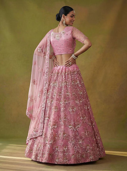 Pink Pure Soft Heavy Net Sequins Embroidery Work Bridal Lehenga Choli 
