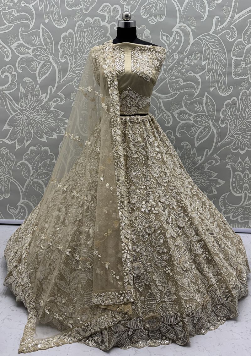 Off White Pure Soft Net Heavy Embroidery Work Bridal Lehenga